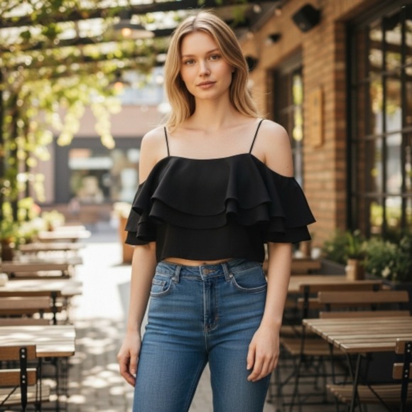 Topshop Tops - EUC TOPSHOP‎ Sz. 0 Black Ruffled Spagetti Strap Crop Top.